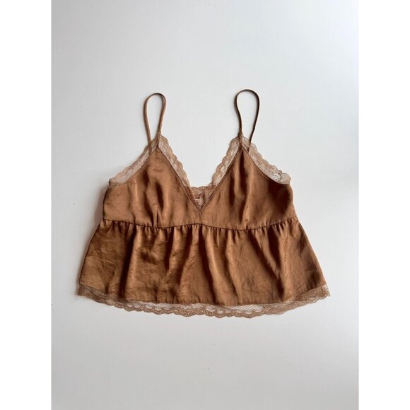 Aritzia LITTLE MOON Sedum Brown Satin Cropped Peplum Camisole Tank Top, Size S - Picture 5 of 15